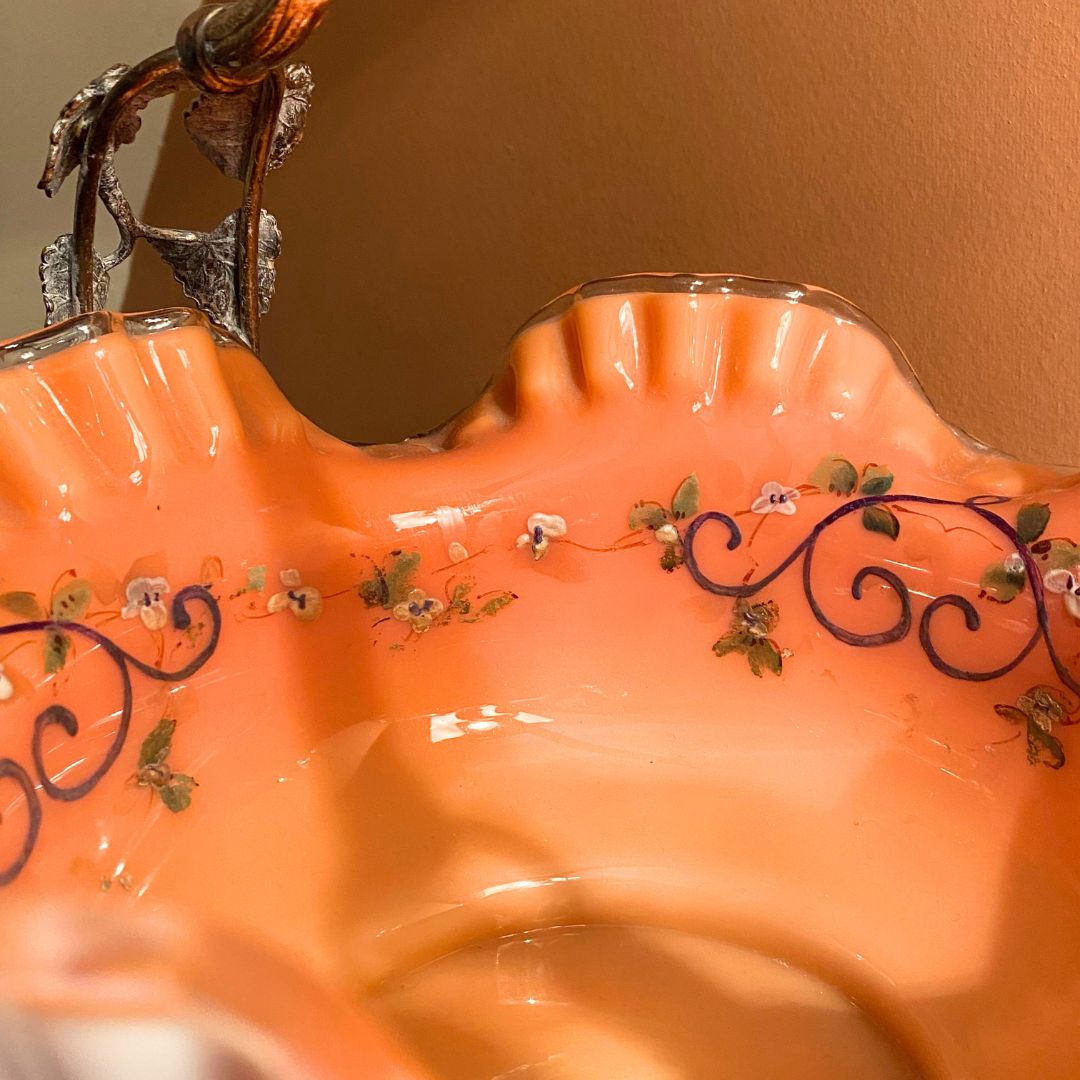 Bridal basket hand painted glass close up