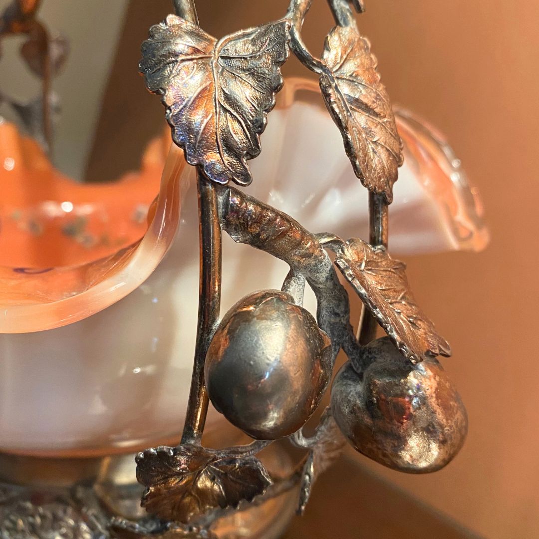 Bridal basket silver plate fruit close up