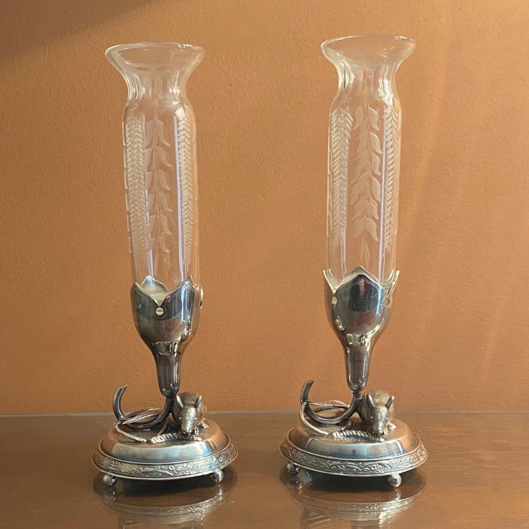 Full view antique silver plate etched crystal mice bud vases