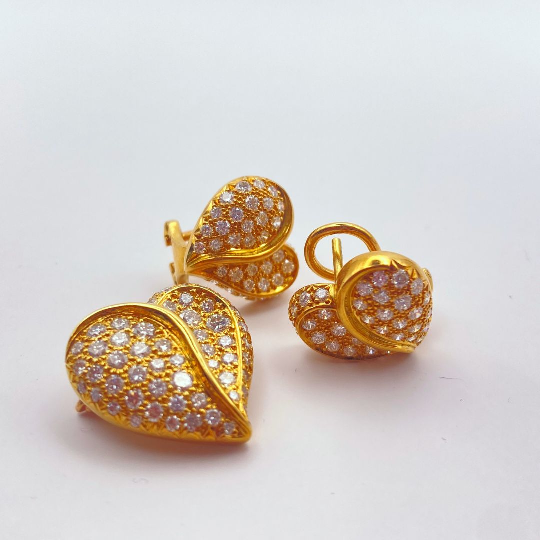 Gold Pave Heart Pendant And Earrings