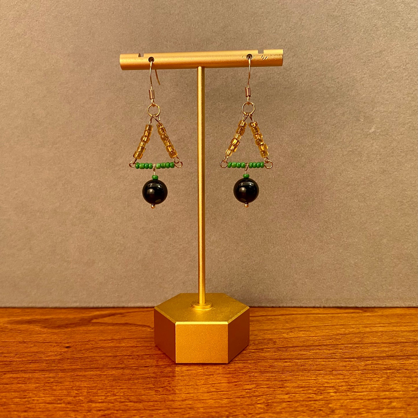 Onyx Vintage Bead Triangle Earrings