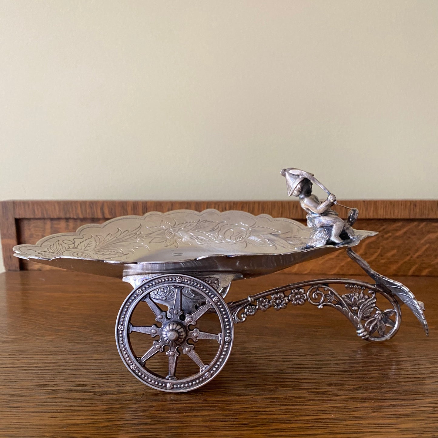 Silverplate Figural Cherub Riding a Turtle Rolling Valet