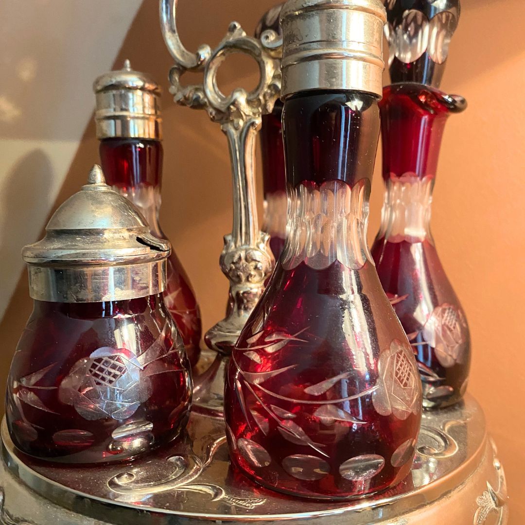 Silver plated condiments caddy red cut crystal