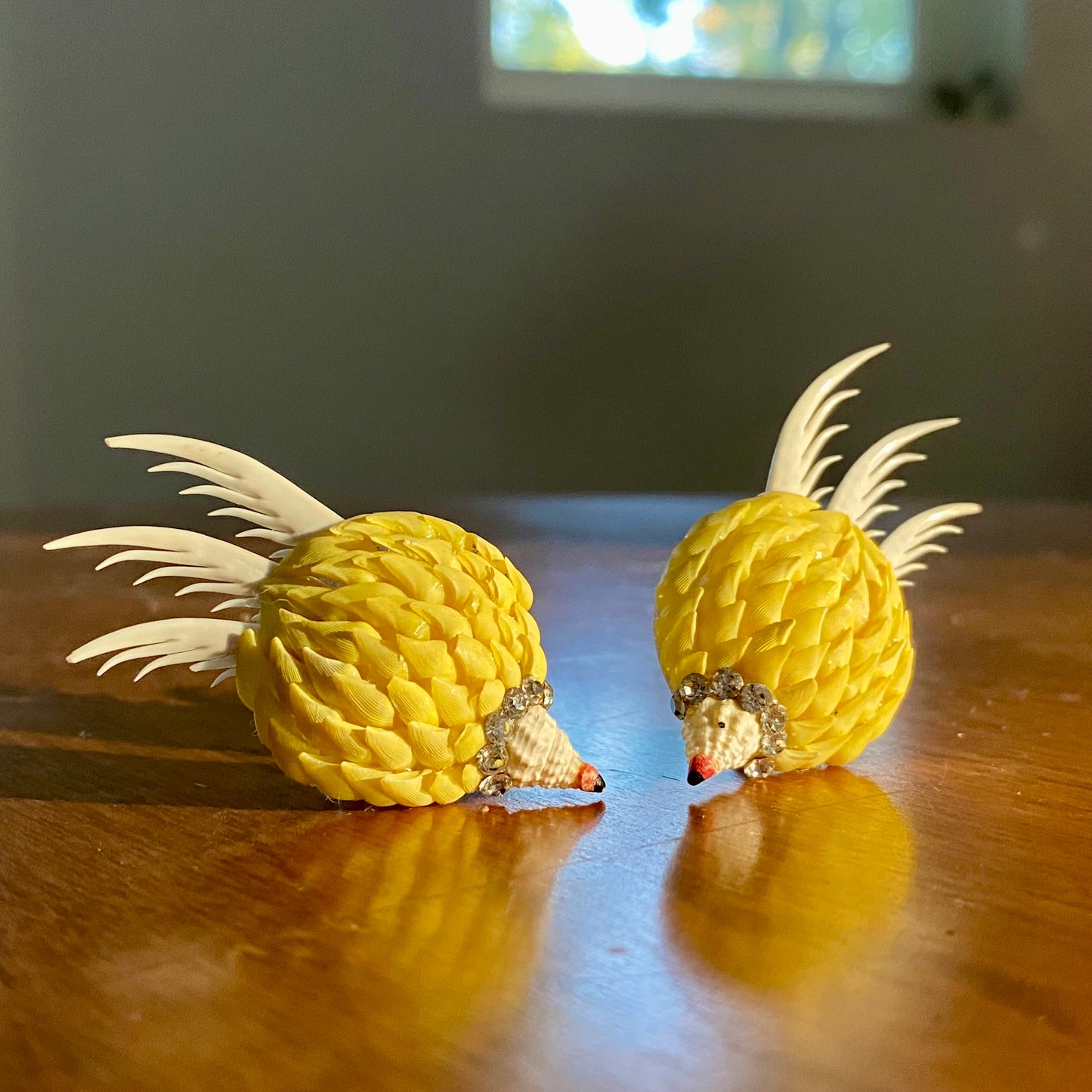 Vintage Shell Rhinestone Porcupine Clip On Earrings