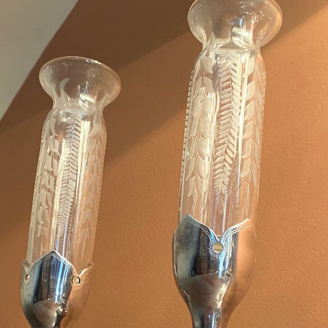 antique silver plate etched crystal mice bud vases