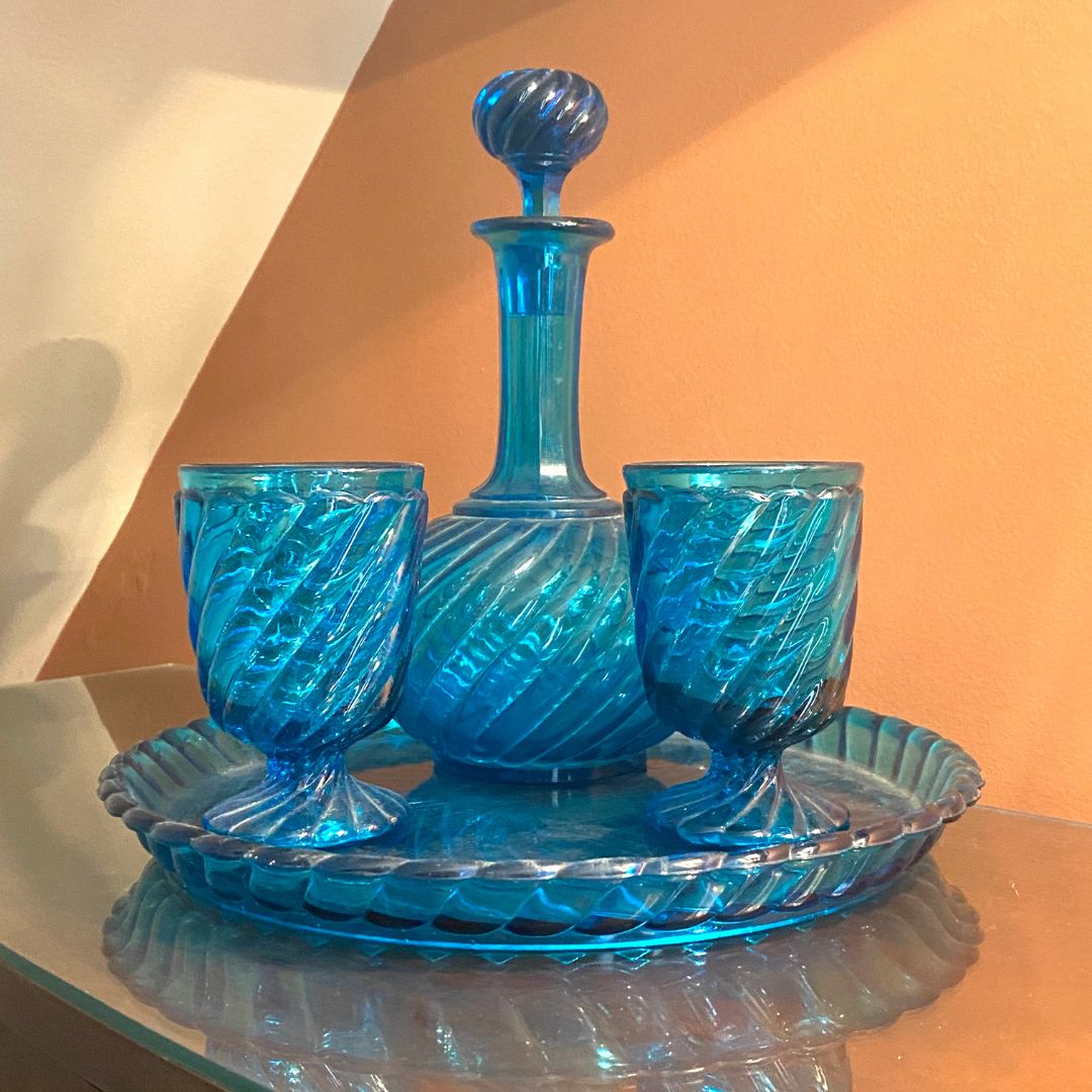 Antique Teal Baccarat Crystal Decanter Glasses and Tray