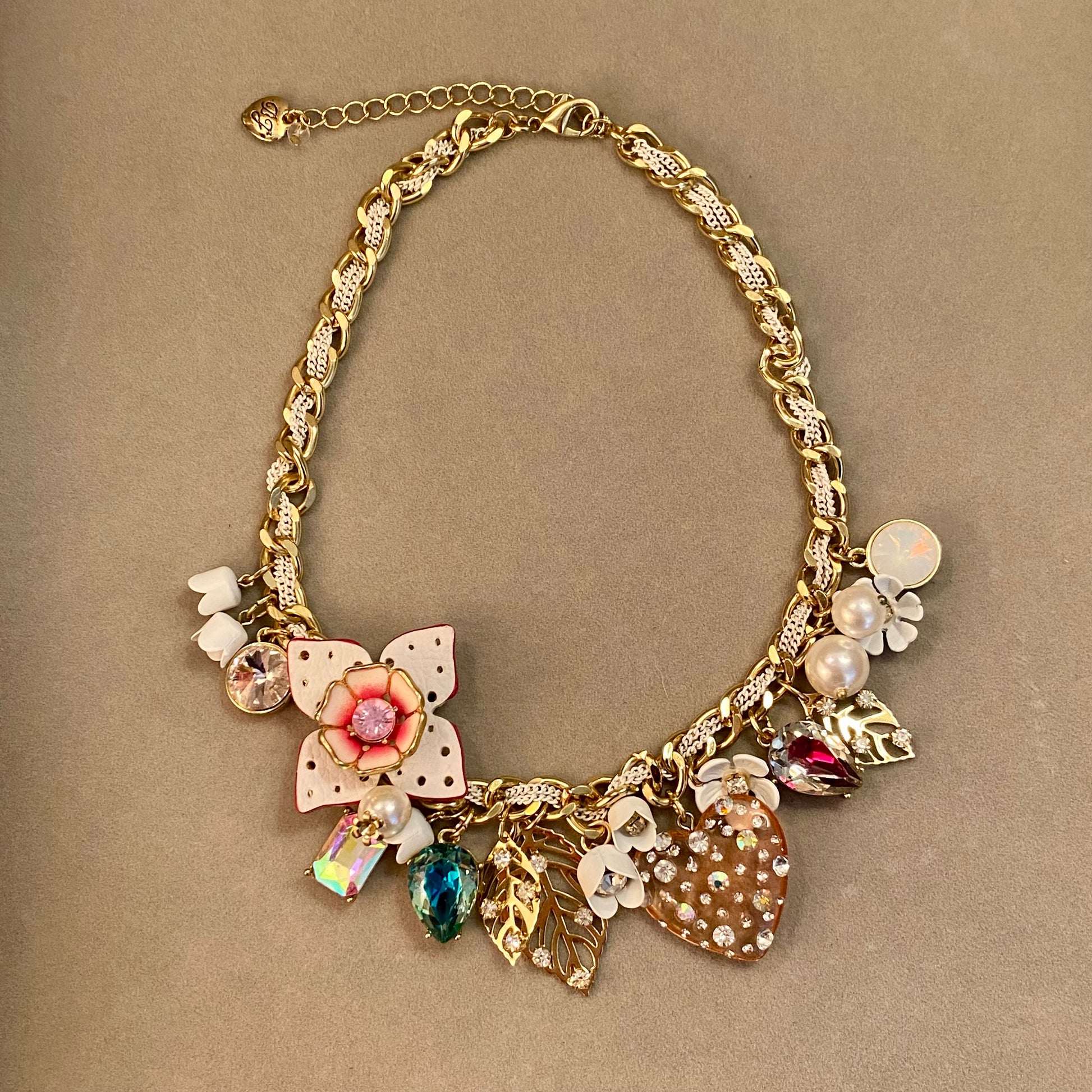 Betsey Johnson Flowers And Hearts Rhinestone Necklace