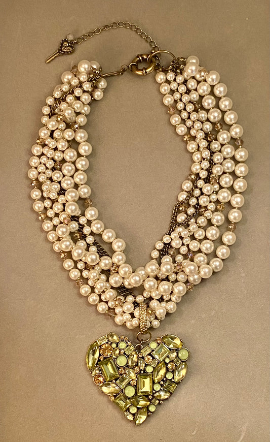 Betsey Johnson Rhinestone Heart Pearl Statement Necklace Full