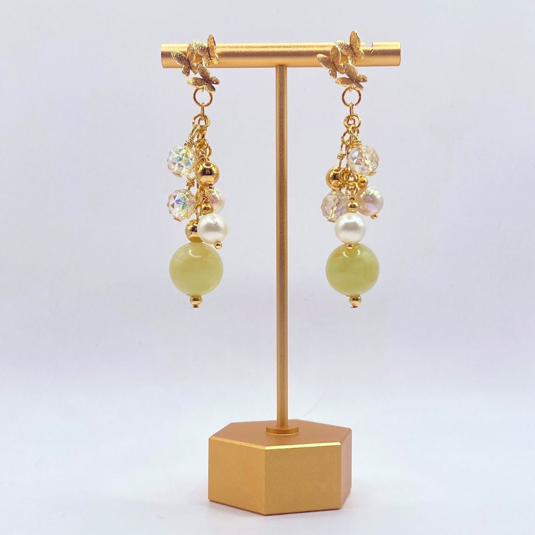 Faux Jade, Pearl and Crystal Vintage Reclaimed Butterfly Earrings