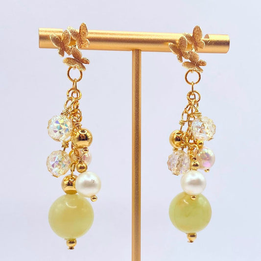 Faux Jade, Pearl and Crystal Vintage Reclaimed Butterfly Earrings