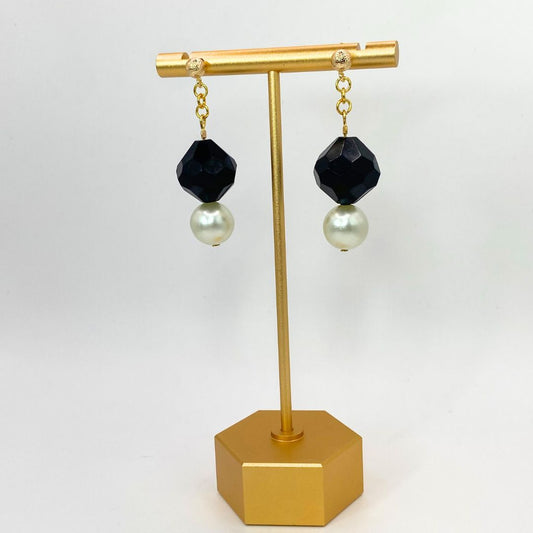 Faux Pearl And Faux Onyx Reclaimed Vintage Gold Plated Earrings