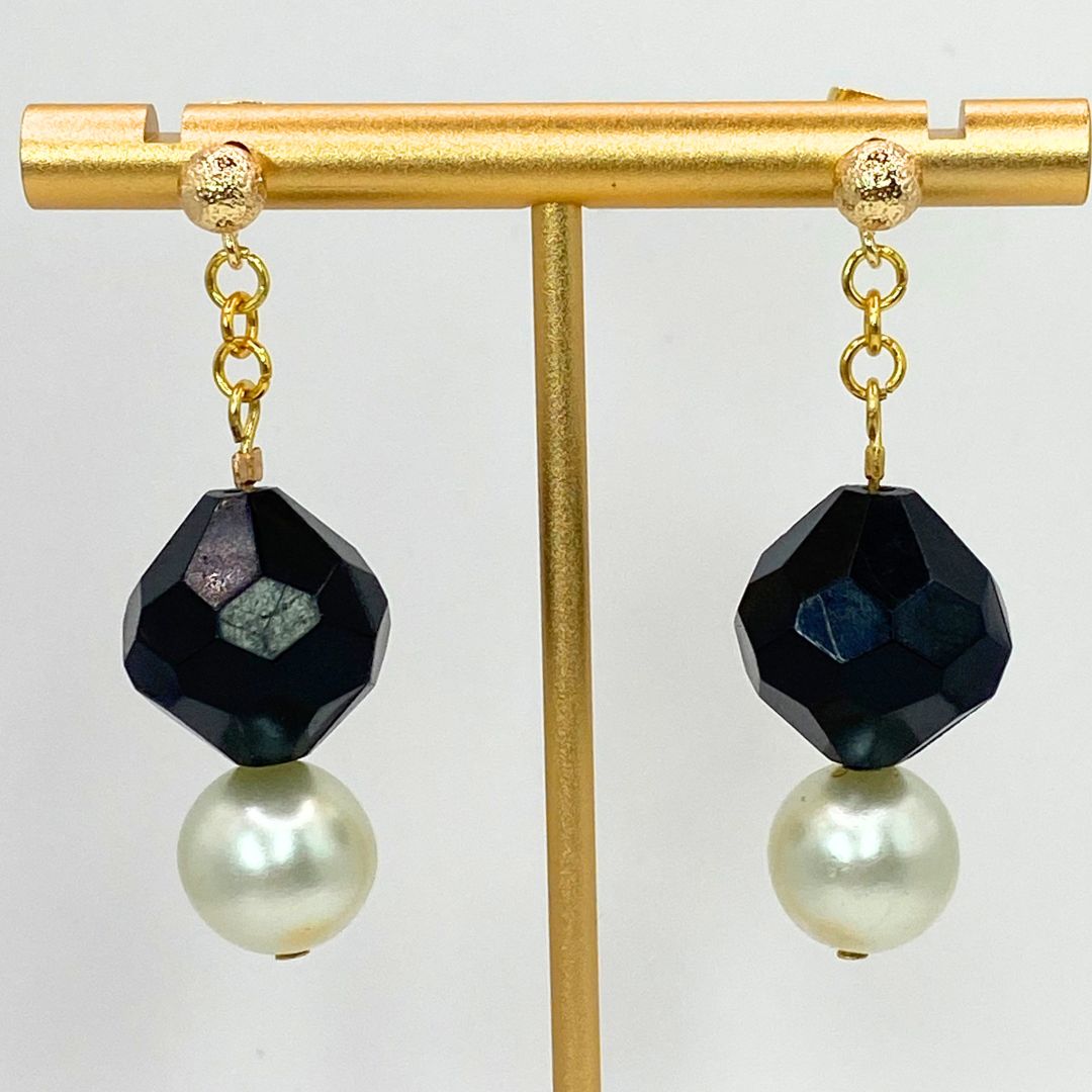 Faux Pearl And Faux Onyx Reclaimed Vintage Gold Plated Earrings