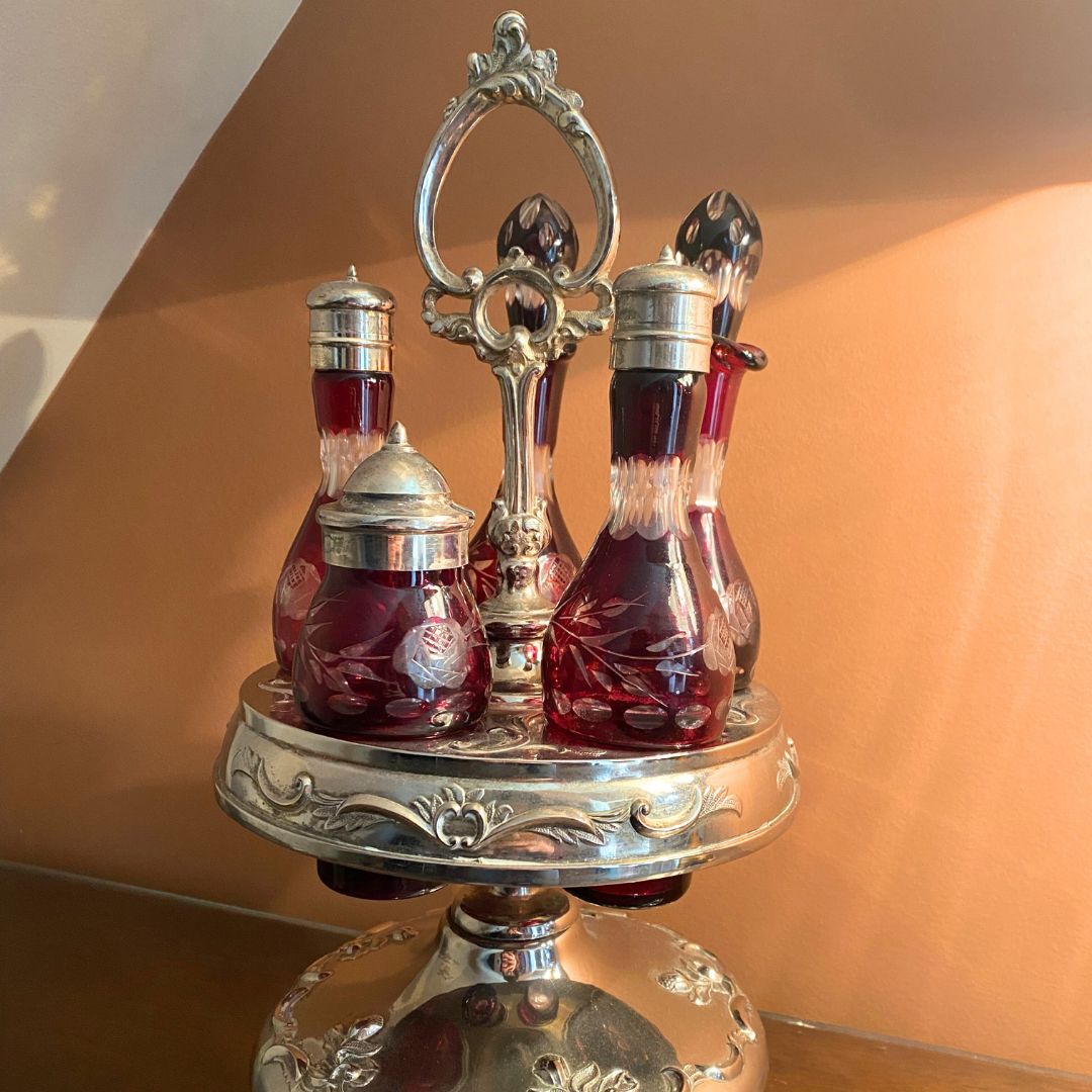 Full view Silver plated condiments caddy red cut crystal 