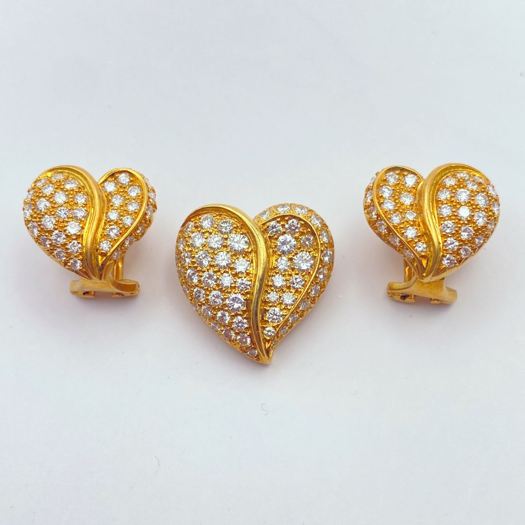 Gold Pave Heart Pendant And Earrings