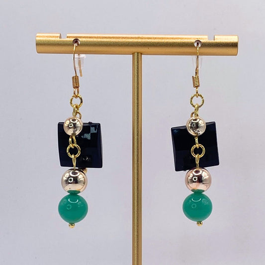 Gold teal and black Reclaimed vintage gold plate earrings 