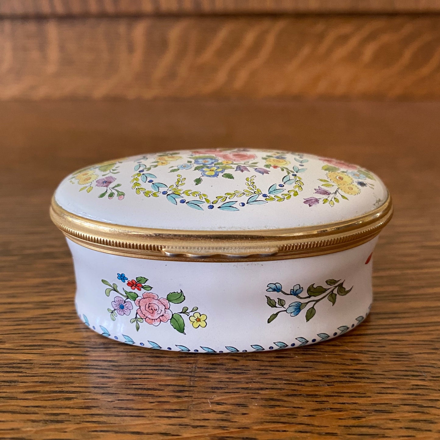 Halcyon Enamel Trinket Box With Pink & Yellow Roses