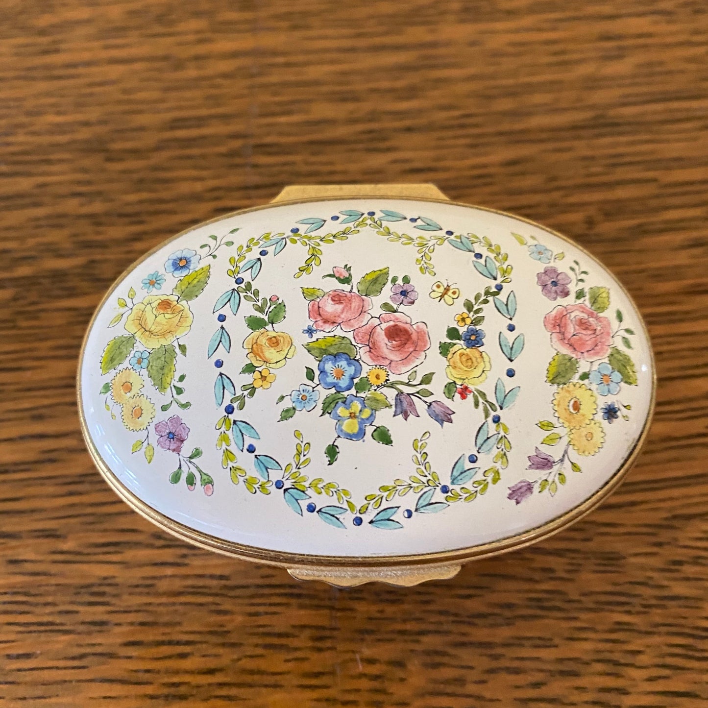 Halcyon Enamel Trinket Box With Pink & Yellow Roses