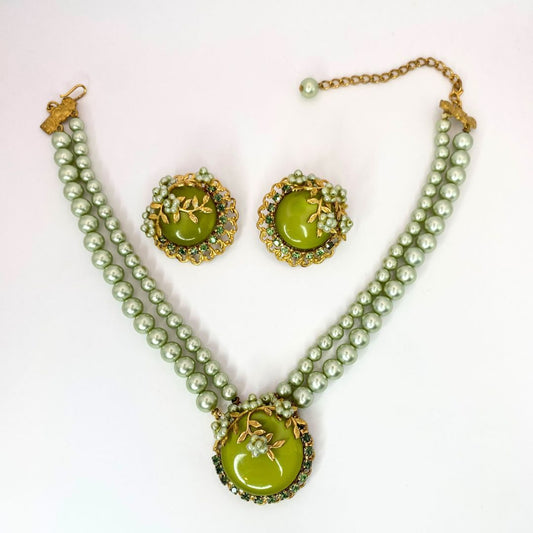 Miriam Haskell Style Green Necklace & Earrings