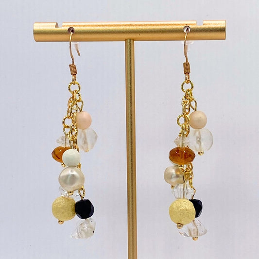 Mixed faux pearl Reclaimed vintage gold plate earrings close up 