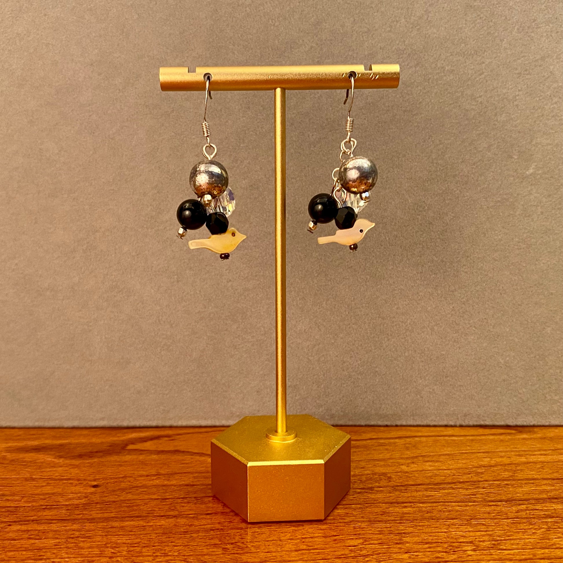 Onyx & Mother of Pearl Bird Earrings