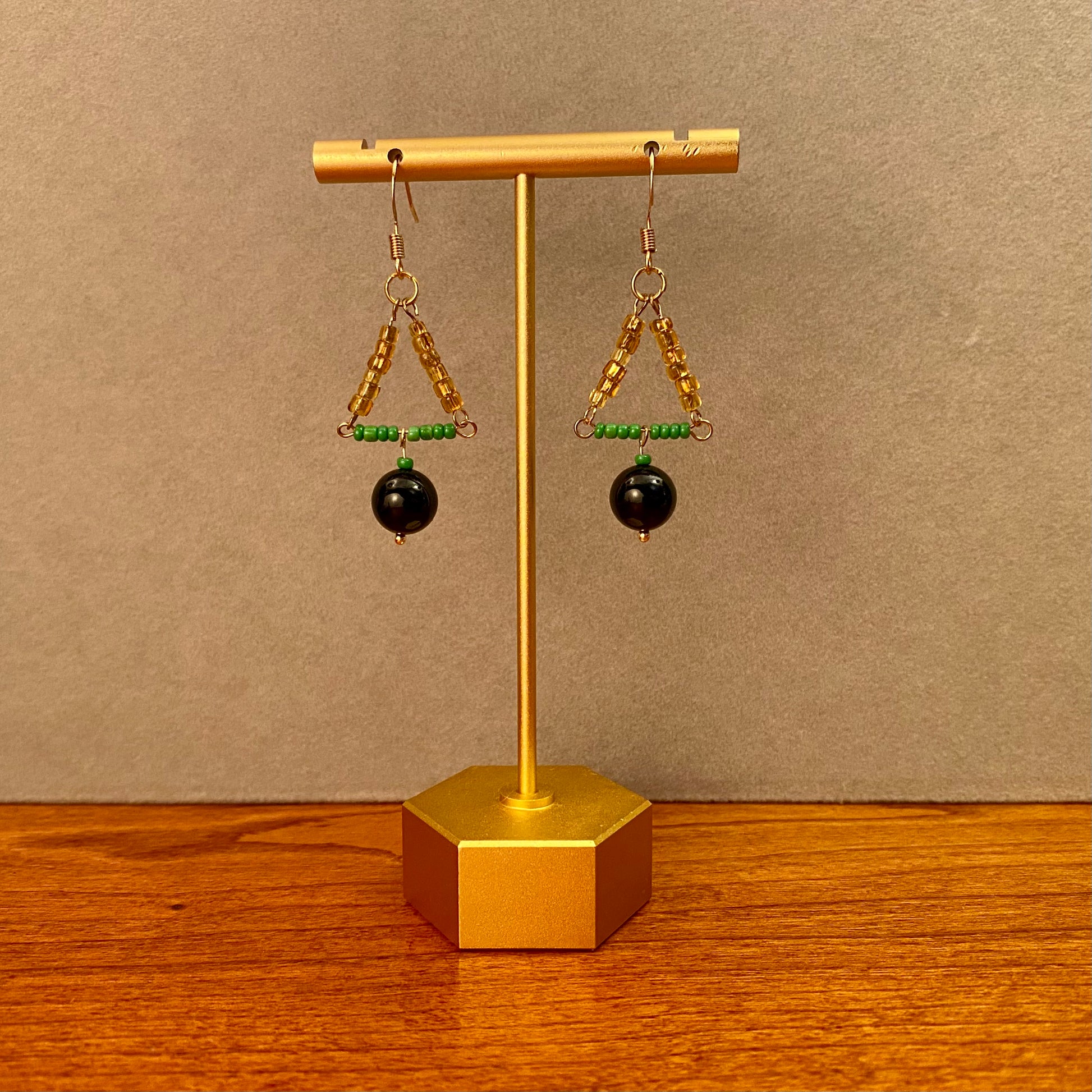 Onyx Vintage Bead Triangle Earrings