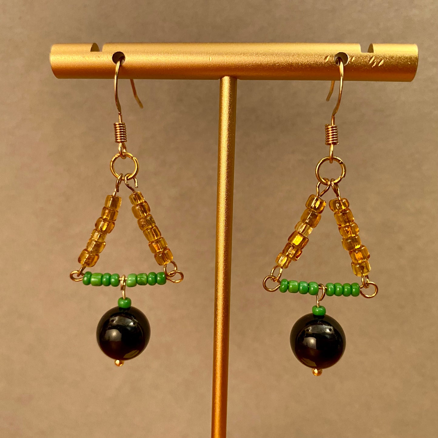 Onyx Vintage Bead Triangle Earrings