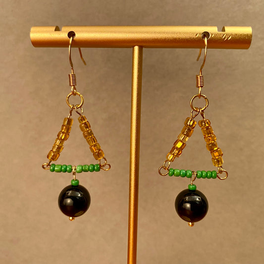 Onyx Vintage Bead Triangle Earrings