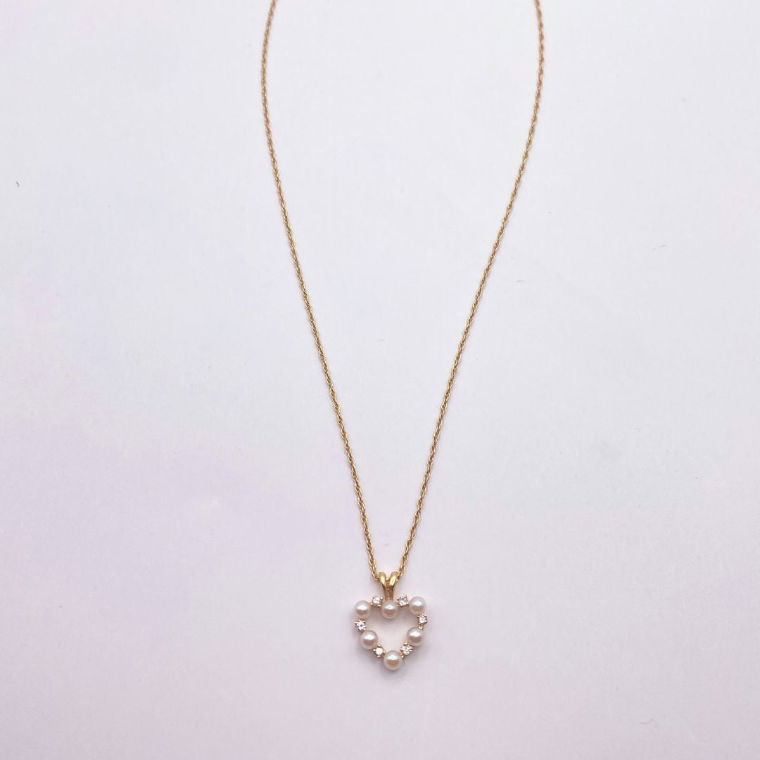 Pearl and Diamond Heart Gold Necklace