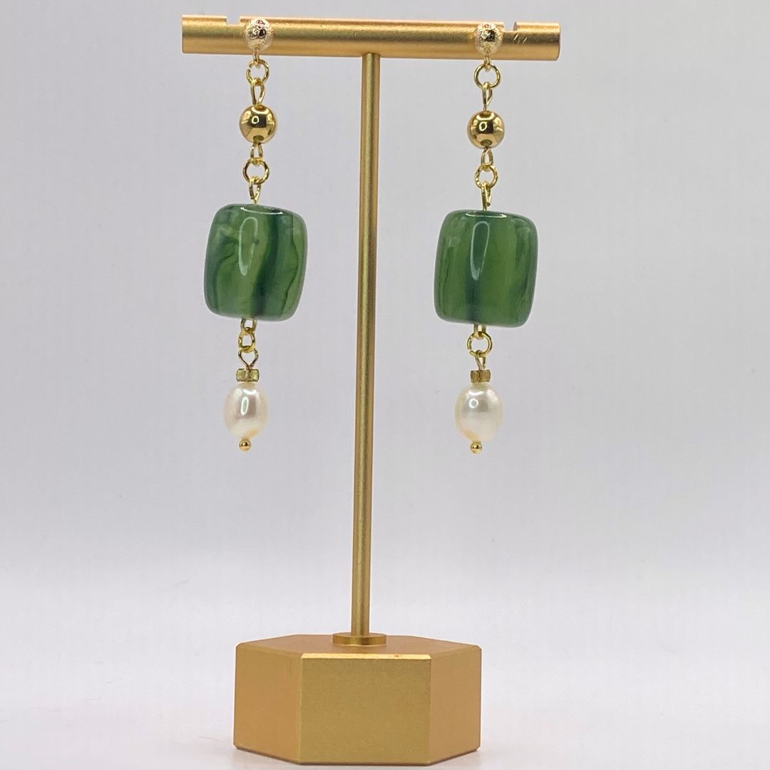 Pearl and Faux Jade Reclaimed Vintage Dangle Earrings