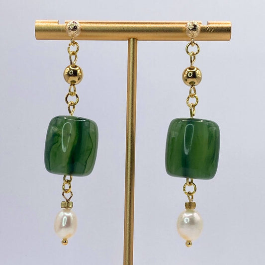 Pearl and Faux Jade Reclaimed Vintage Dangle Earrings Close Up