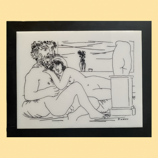 This ceramic tile is a reproduction of Pablo Picasso’s Sculptor at Rest with His Model, Anemones and Small Torso from the Vollard Suite