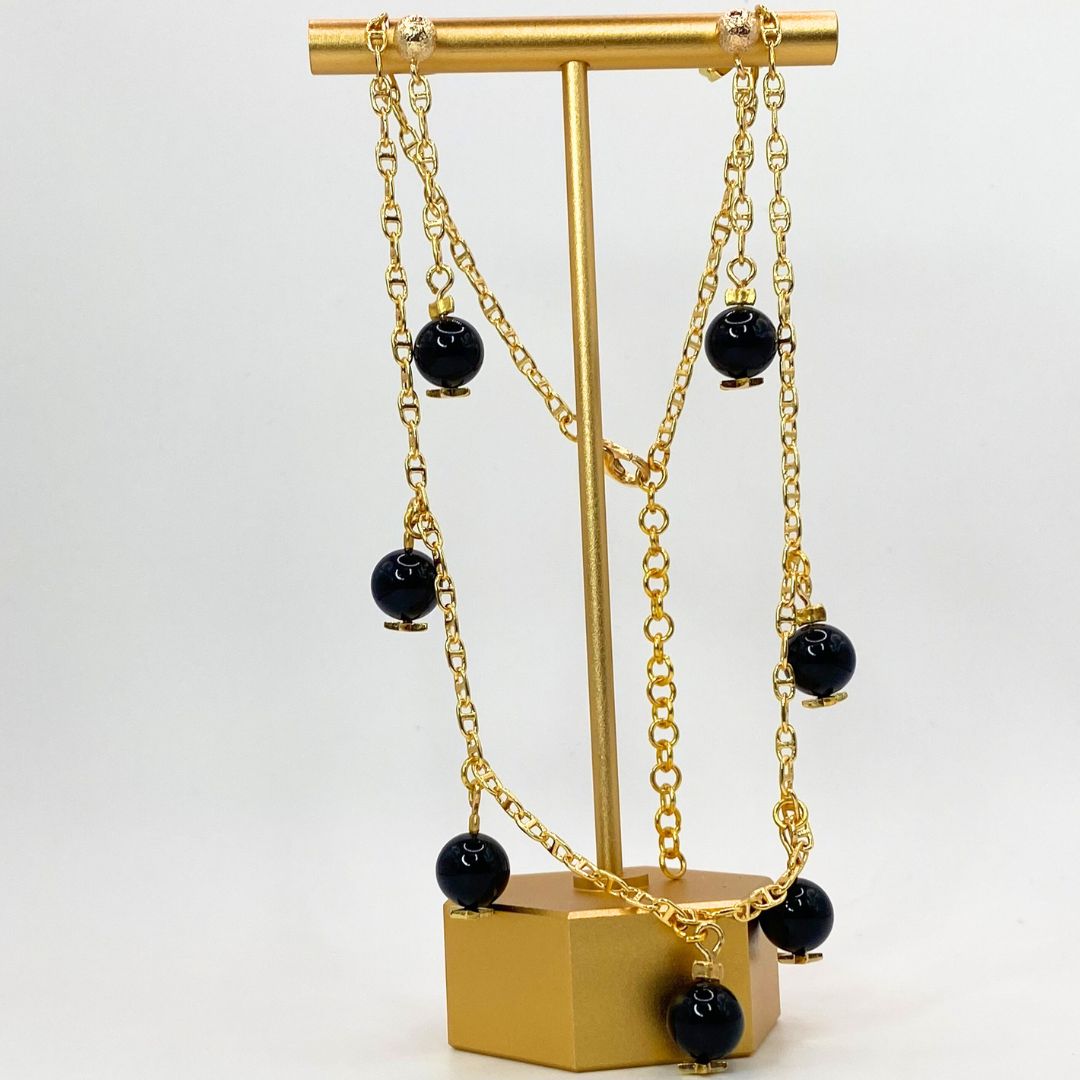 Reclaimed Vintage Onyx Gold Plated Starry Night Necklace