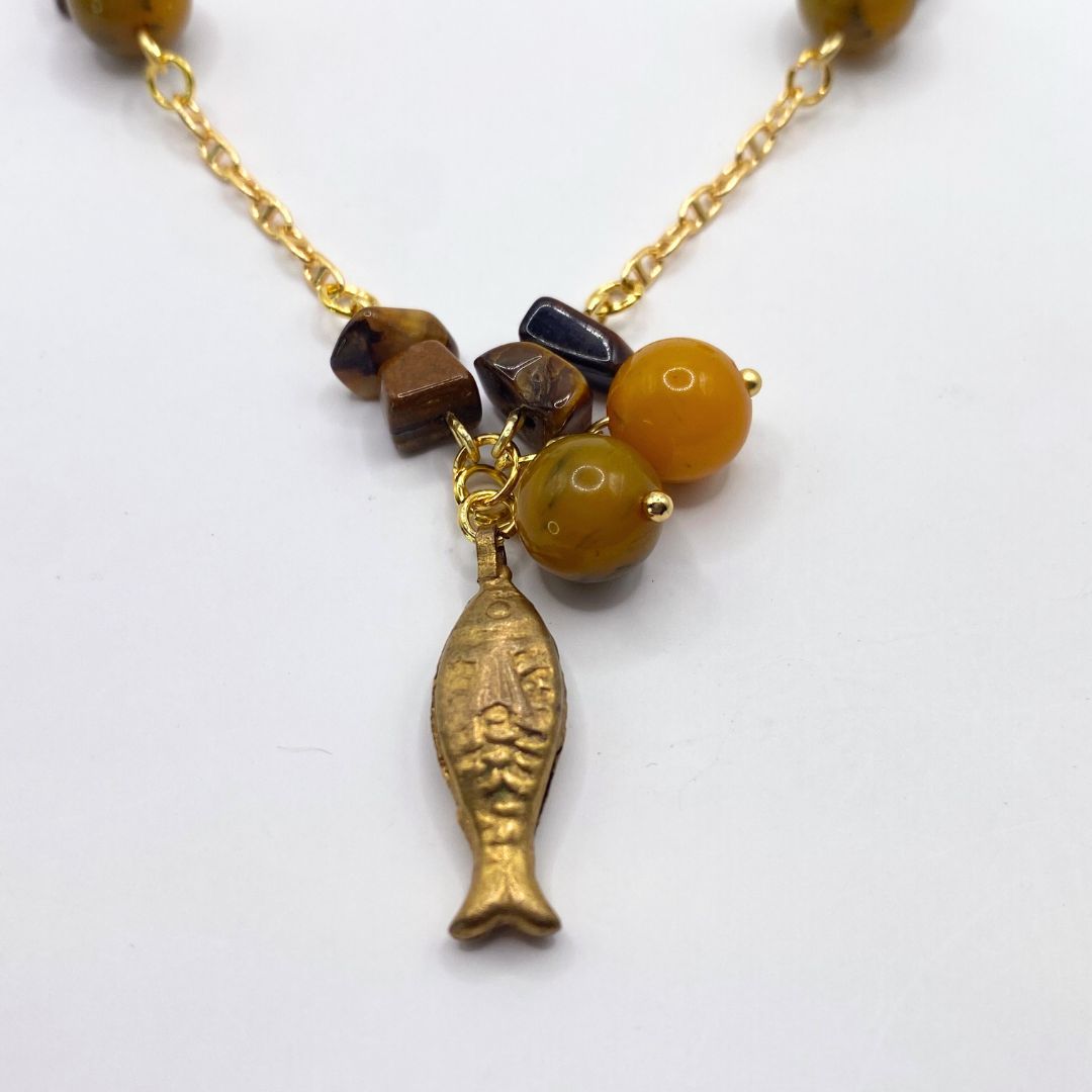 Reclaimed vintage beaded necklace Brass fish and beads