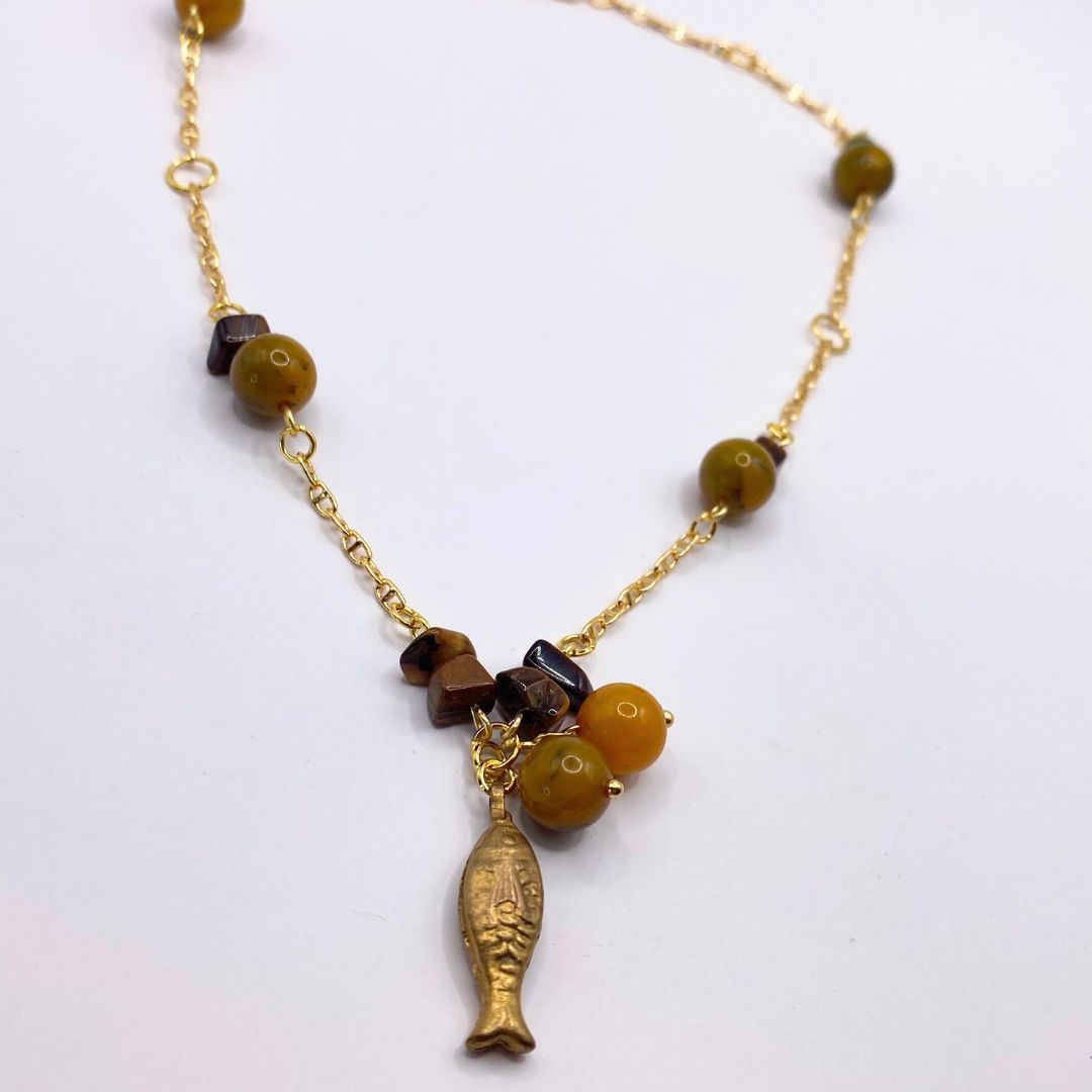 Reclaimed vintage beaded necklace Full view brass fish and beads