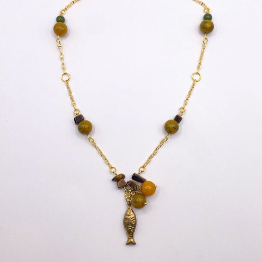 Reclaimed vintage beaded necklace Full view brass fish and beads