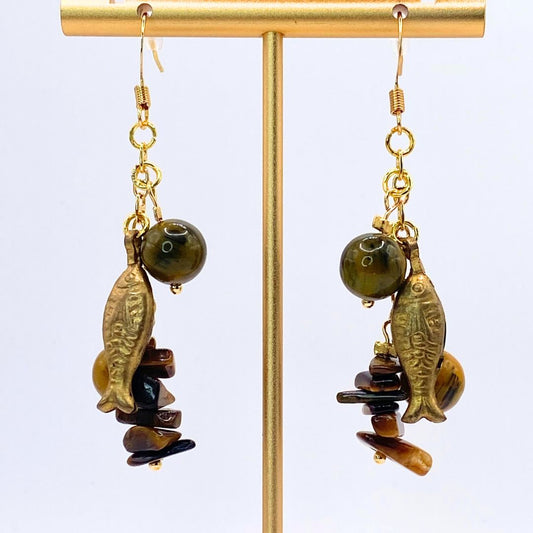 Reclaimed vintage gold plate earrings Brass fish close up