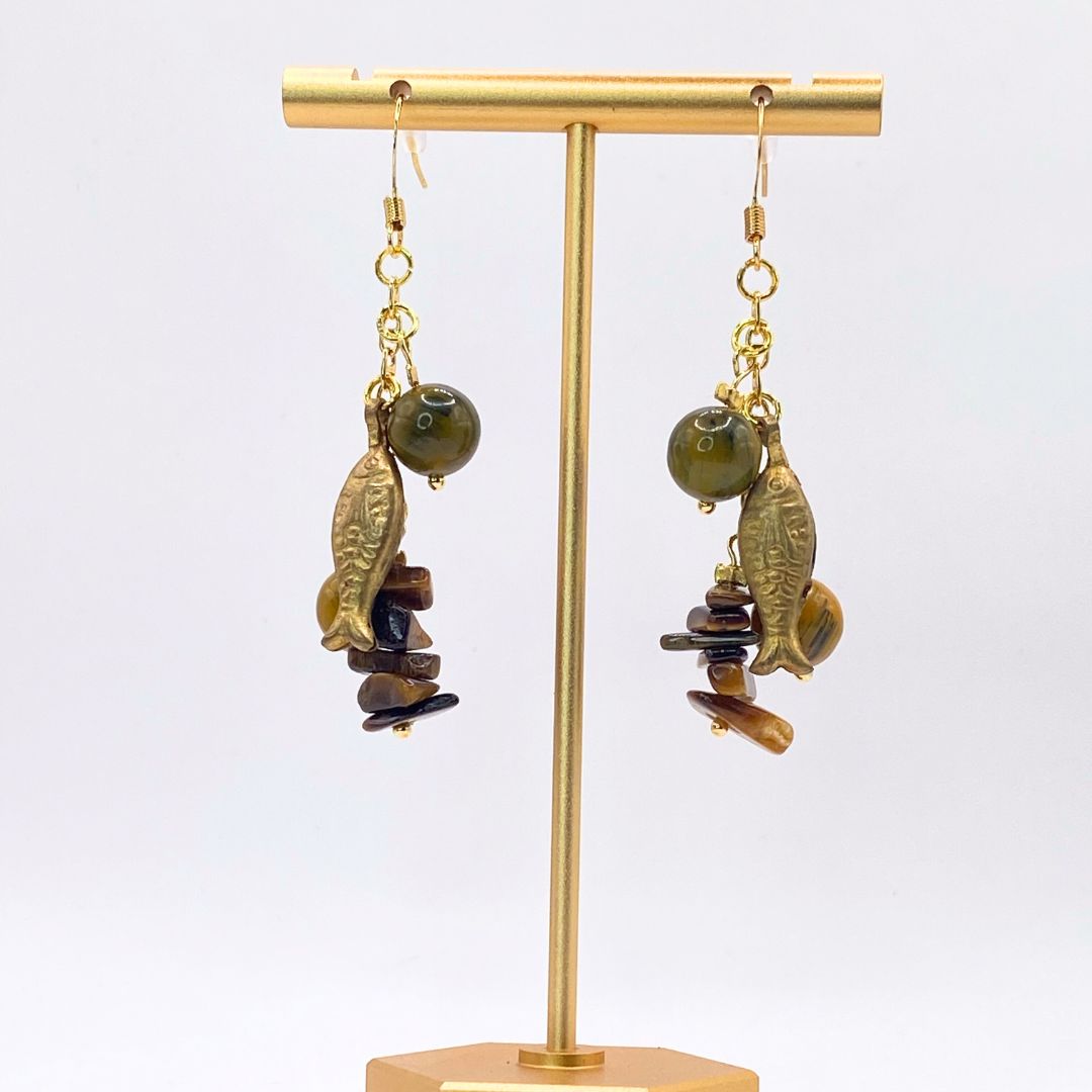 Reclaimed vintage gold plate earrings Brass fish and vintage beads