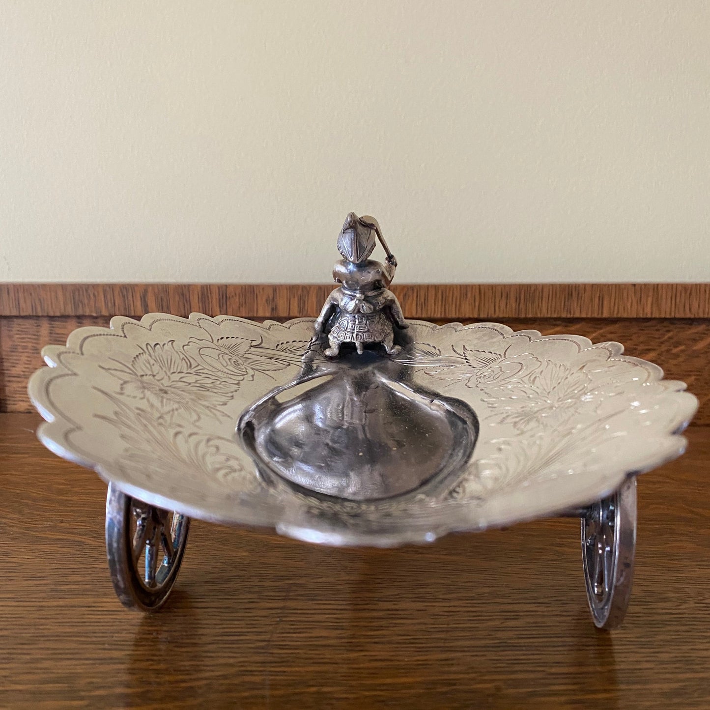 Silverplate Figural Cherub Riding a Turtle Rolling Valet