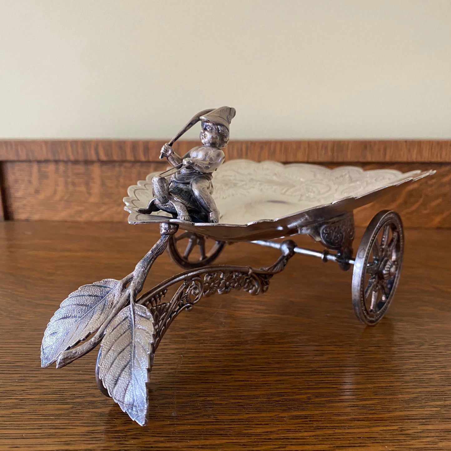 Silverplate Figural Cherub Riding a Turtle Rolling Valet