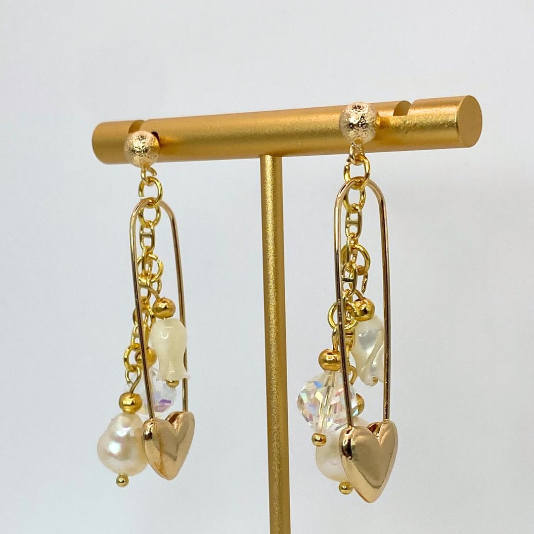 Safety Pin Heart Pearl and Crystal Reclaimed Vintage Gold Plated Earrings
