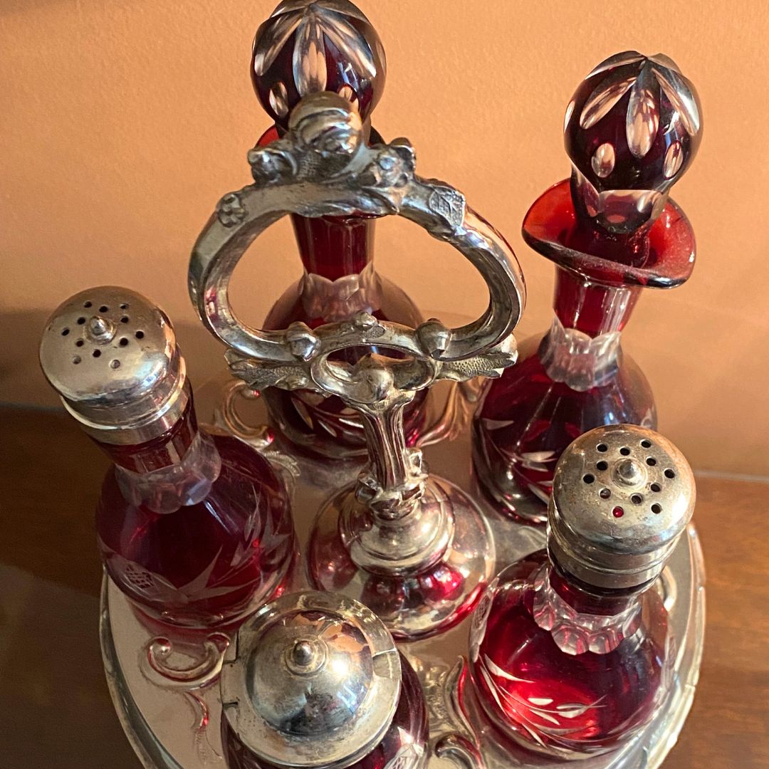 Silver plated condiments caddy red cut crystal Antique 