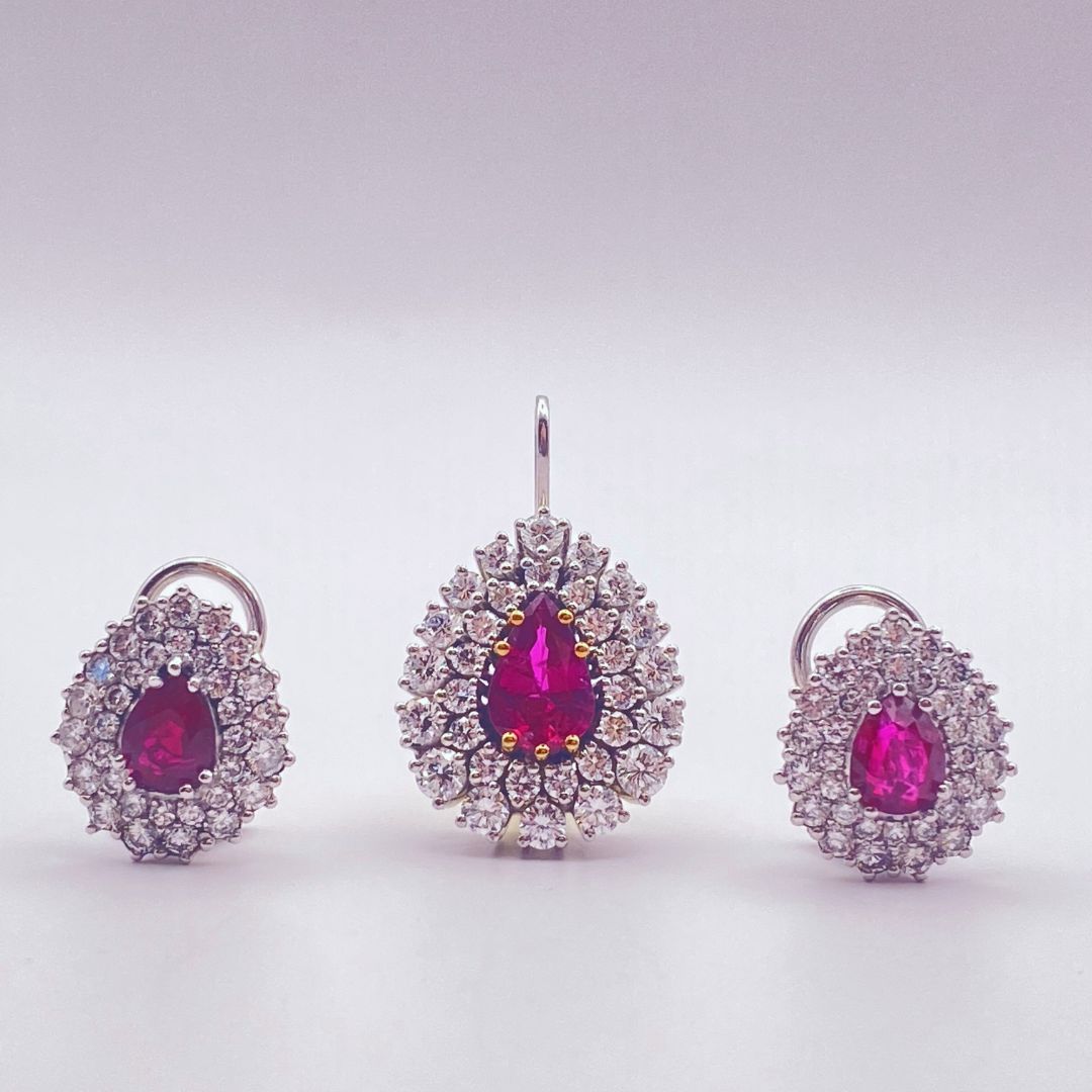 White Gold Ruby Diamond Pendant And Earrings