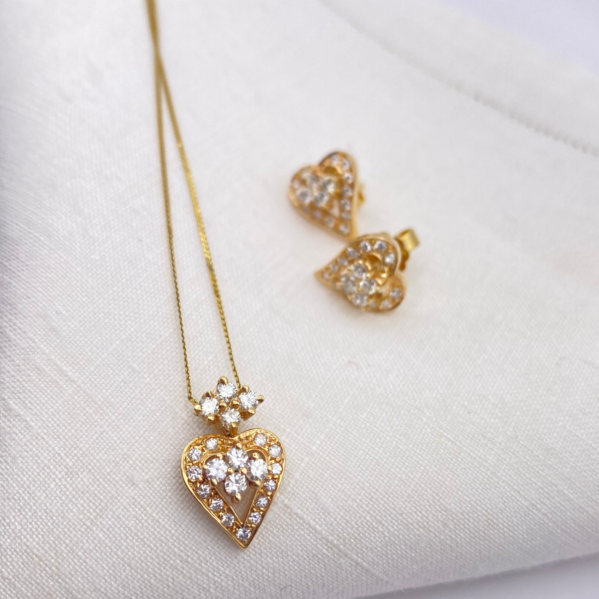 Yellow Gold Diamond Heart Necklace and Earrings Set