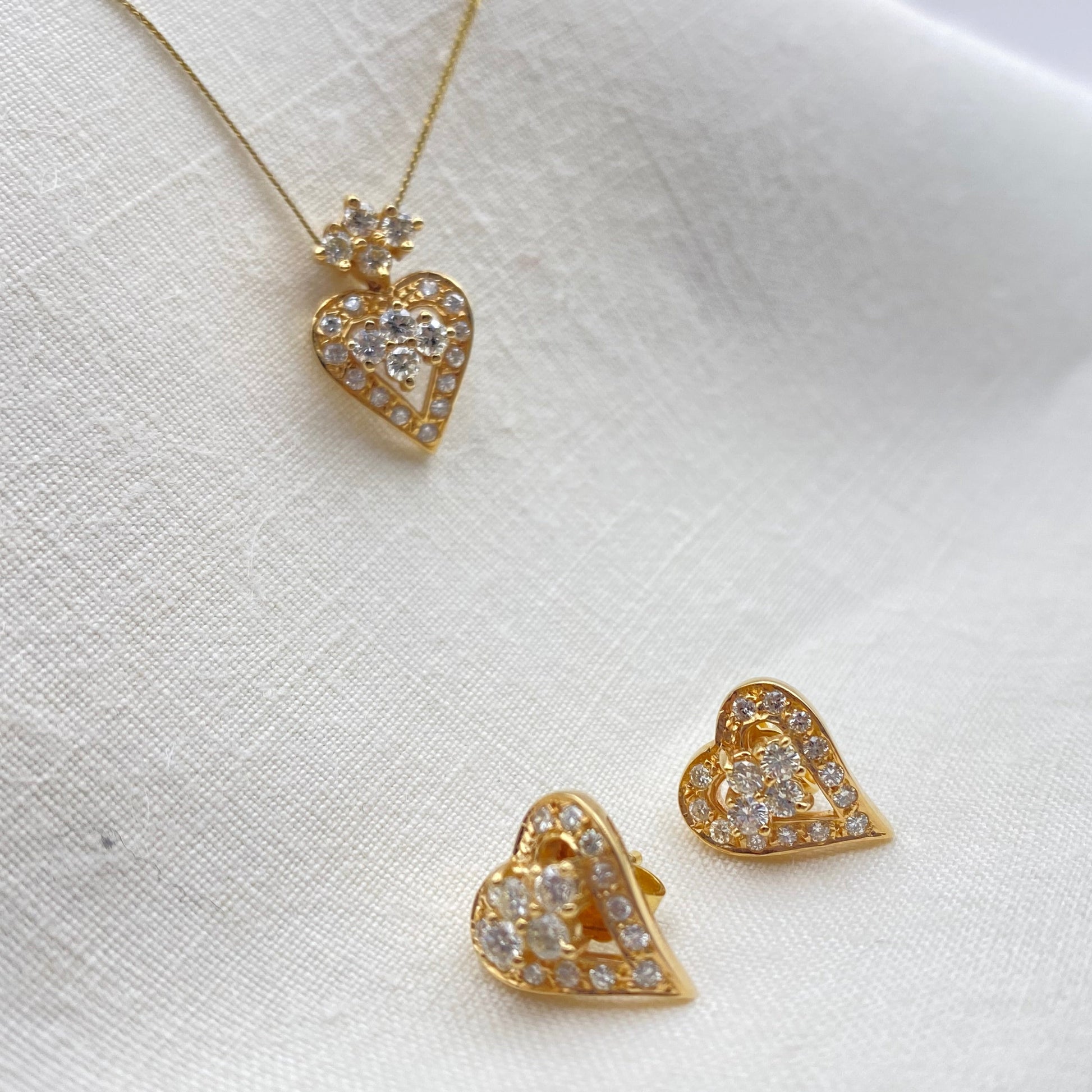 Yellow Gold Diamond Heart Necklace and Earrings Set