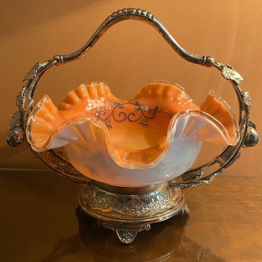 antique Bridal basket silver plate hand painted peach colored 
