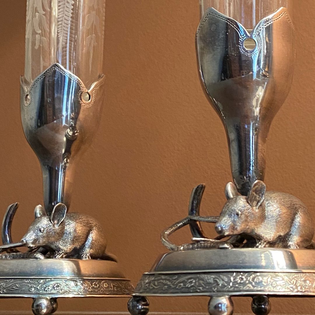 antique silver plate etched crystal mice bud vases  