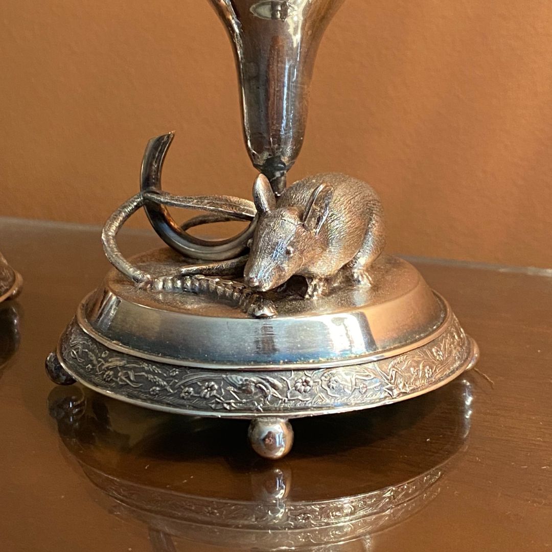 antique silver plate etched crystal mice bud vases close up of mouse  