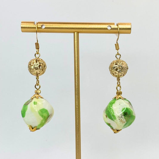 Close up Reclaimed Vintage Gold Plated Earrings gold and green